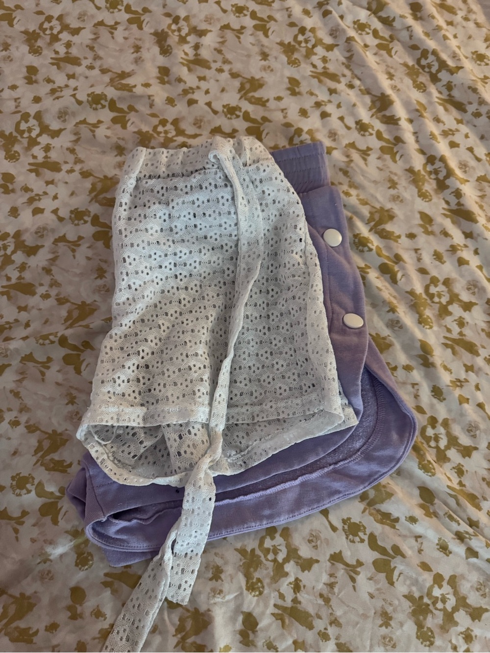 2 pc Bundle White Eyelet Beach Shorts with Lavender Snap-Button Shorts